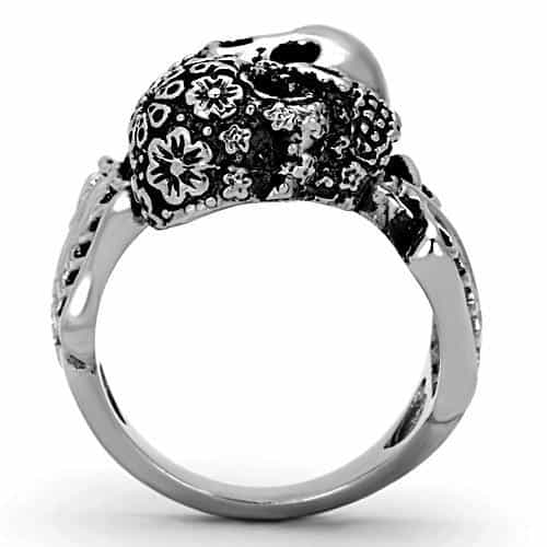 Stainless Steel Antiqued Floral Skull Statement Ring view 8