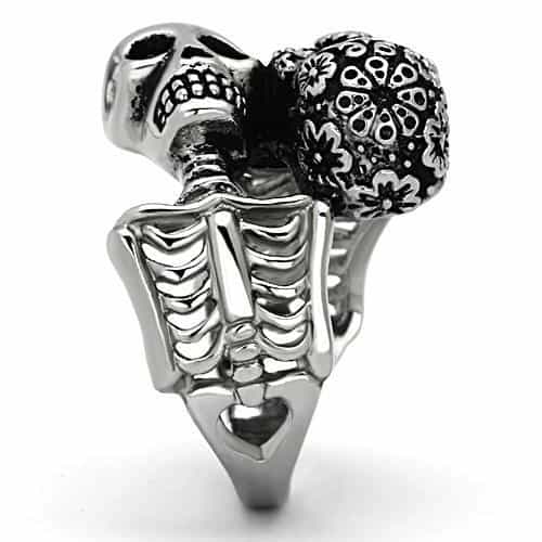 Stainless Steel Antiqued Floral Skull Statement Ring view 10