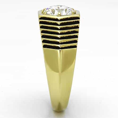Stainless Steel Gold CZ Round Hexagonal Stripe Mens Signet Ring view 8