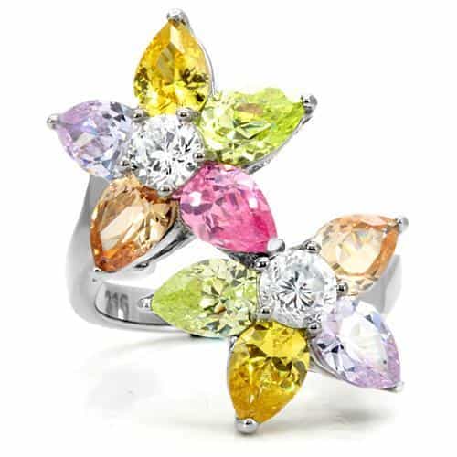 Stainless Steel Rose Gold Multi Color Crystal Flower Cluster Ring view 4