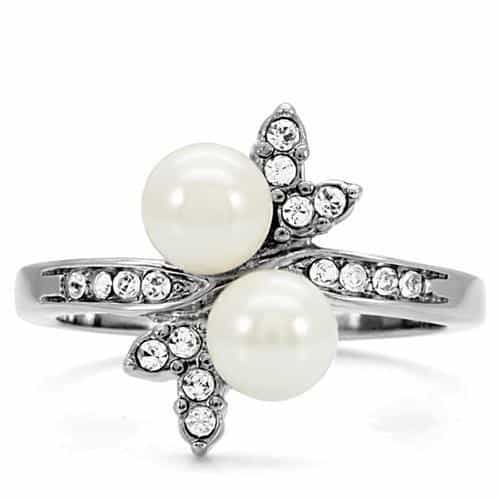Stainless Steel Double Pearl CZ Floral Bypass Ring view 6