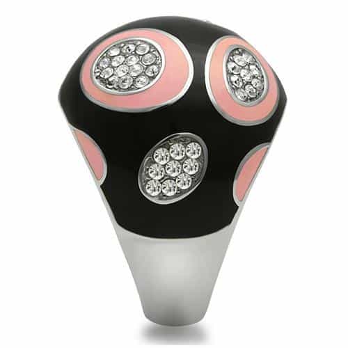 Stainless Steel Black Enamel Pink Circle CZ Pave Dome Ring view 8