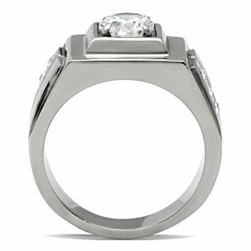 Stainless Steel CZ Round Square Bezel Polished Mens Signet Ring view 6