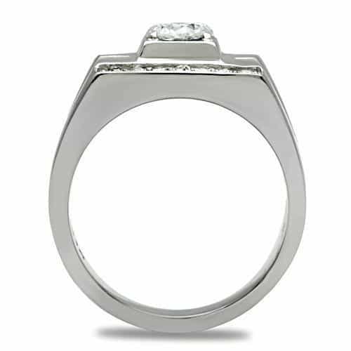 Stainless Steel CZ Round Square Bezel Cutout Mens Signet Ring view 6