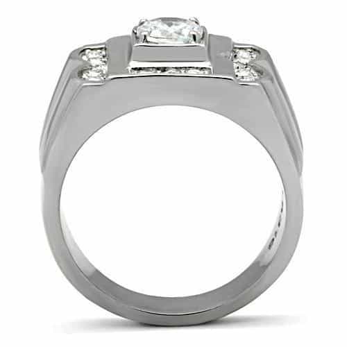 Stainless Steel CZ Round Square Bezel Pave Mens Signet Ring view 6