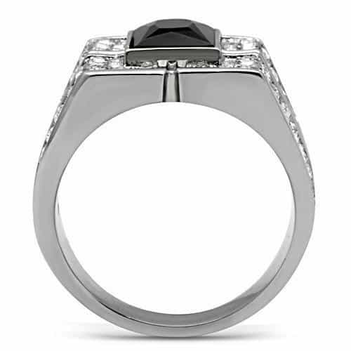 Stainless Steel Black Onyx Emerald Cut CZ Pave Mens Signet Ring view 6
