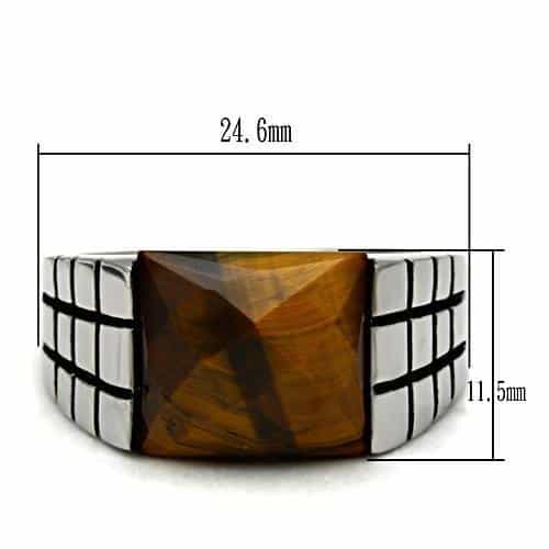 Stainless Steel Tiger Eye Square Cabochon Crosshatch Carved Ring view 4