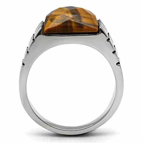 Stainless Steel Tiger Eye Square Cabochon Crosshatch Carved Ring view 6