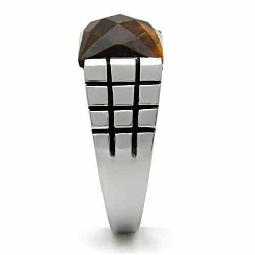 Stainless Steel Tiger Eye Square Cabochon Crosshatch Carved Ring view 8