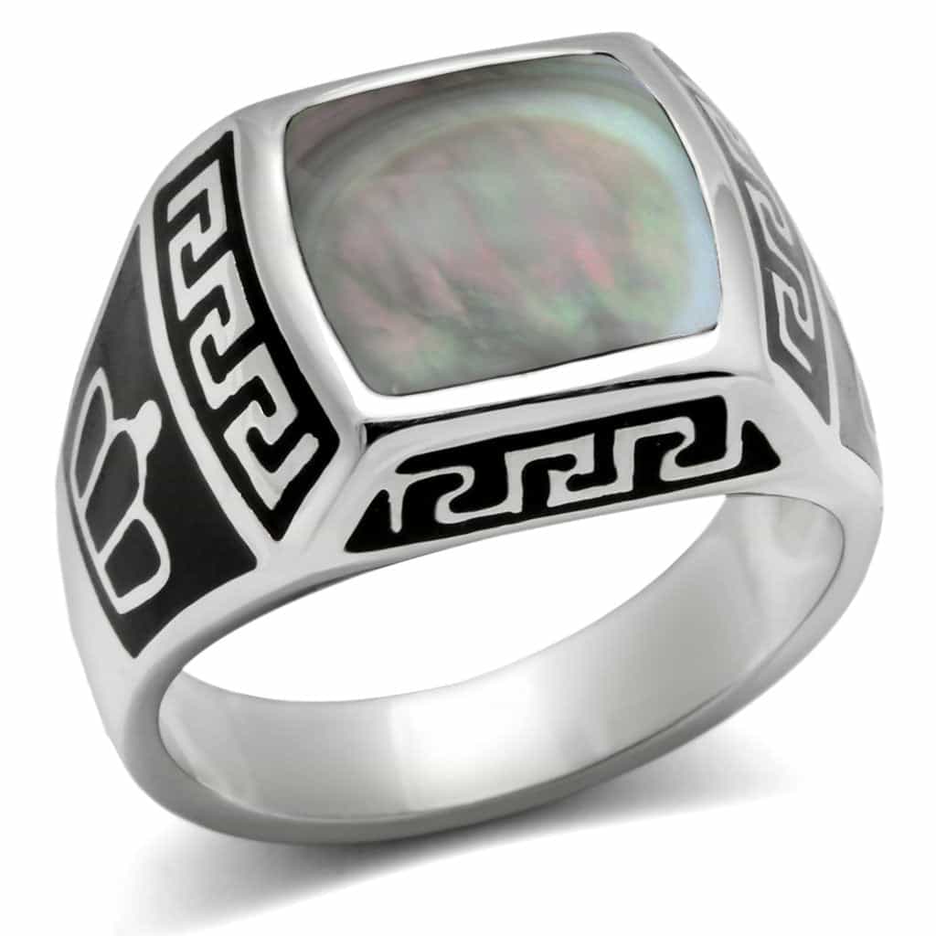 Stainless Steel Abalone Shell Square Greek Key Enamel Mens Ring view 2