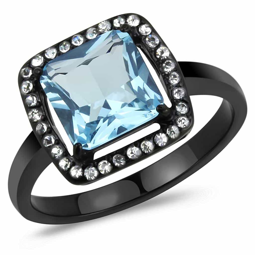 Stainless Steel Black IP Aquamarine Princess Square CZ Halo Ring view 2