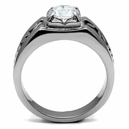 Stainless Steel CZ Round Square Halo Tribal Carved Mens Ring view 6