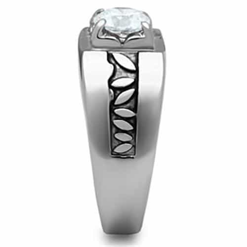 Stainless Steel CZ Round Square Halo Tribal Carved Mens Ring view 8