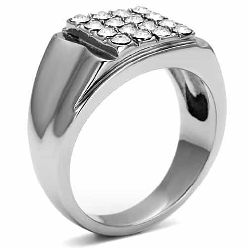 Stainless Steel CZ Round Pave Grid Square Flat Mens Signet Ring view 6