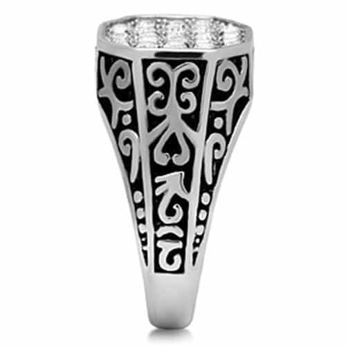 Stainless Steel CZ Pave Scroll Filigree Hexagon Mens Signet Ring view 8