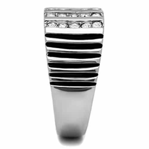 Stainless Steel CZ Channel Row Ribbed Wide Band Mens Ring view 8
