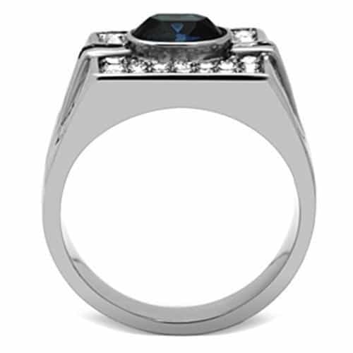 Stainless Steel Blue Stone Oval CZ Pave Mens Signet Ring view 6