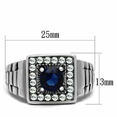 Stainless Steel Blue Stone Square CZ Pave Link Mens Signet Ring view 4