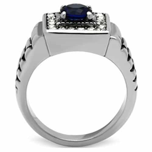 Stainless Steel Blue Stone Square CZ Pave Link Mens Signet Ring view 6