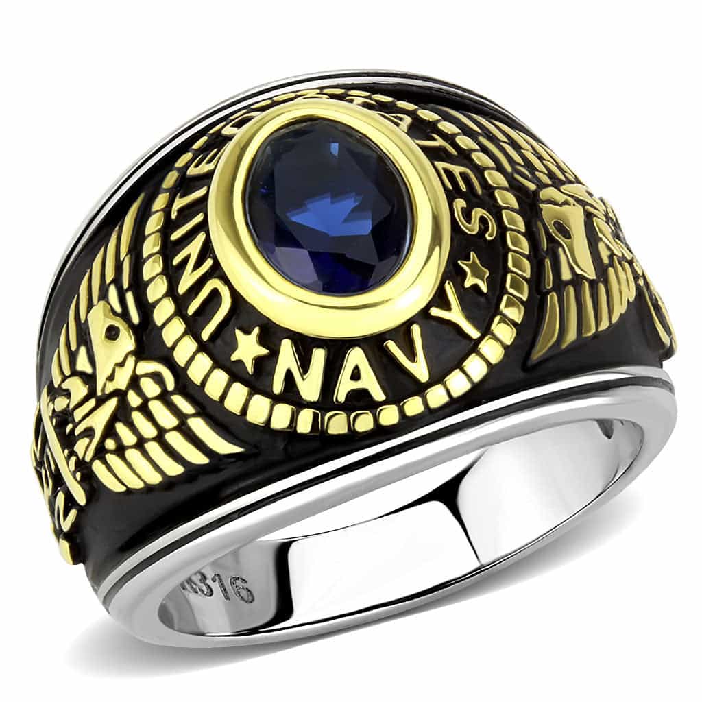 Stainless Steel US Navy Blue Stone Military Mens Signet Ring view 2
