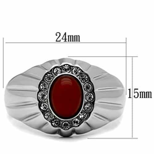 Stainless Steel Red Carnelian Oval Halo CZ Mens Signet Ring view 4
