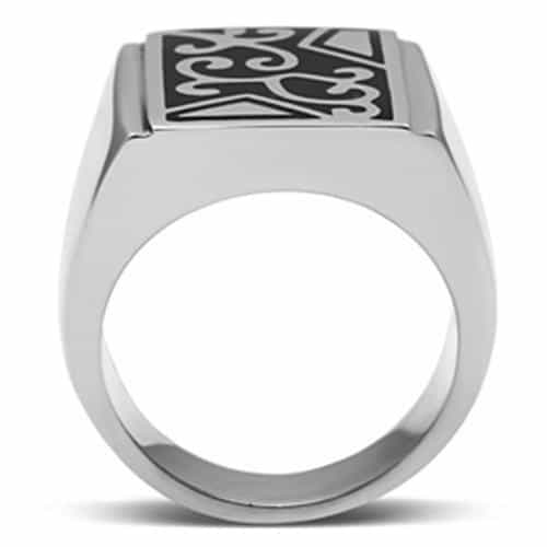 Stainless Steel Silver Black Enamel Scroll Carved Square Ring view 6