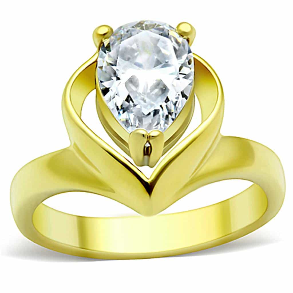Stainless Steel Gold IP CZ Oval Petal Cathedral Solitaire Ring view 2