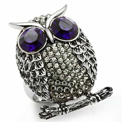 Stainless Steel Dark IP Amethyst Eye CZ Pave Owl Novelty Ring view 4