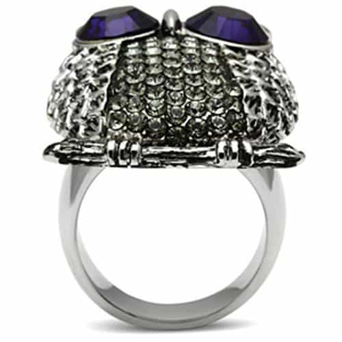 Stainless Steel Dark IP Amethyst Eye CZ Pave Owl Novelty Ring view 10
