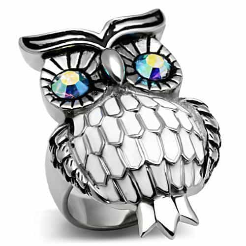 Stainless Steel Silver Aurora Borealis Eye CZ Pave Owl Ring view 4