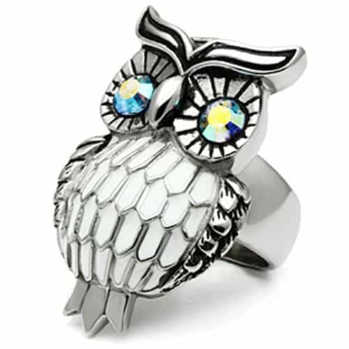 Stainless Steel Silver Aurora Borealis Eye CZ Pave Owl Ring view 8