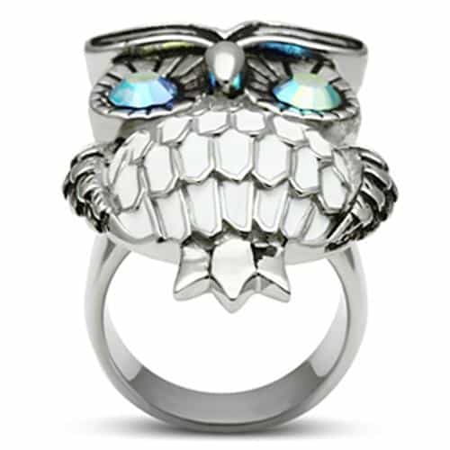 Stainless Steel Silver Aurora Borealis Eye CZ Pave Owl Ring view 10