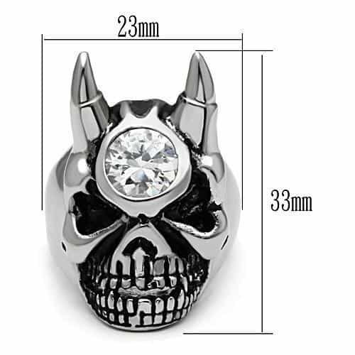 Stainless Steel Silver CZ Round Horned Skull Biker Ring view 4