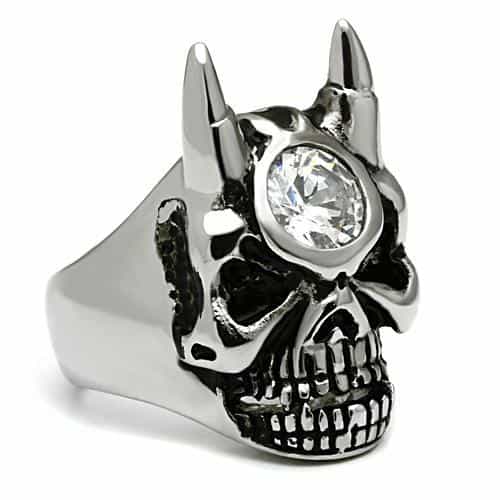 Stainless Steel Silver CZ Round Horned Skull Biker Ring view 8