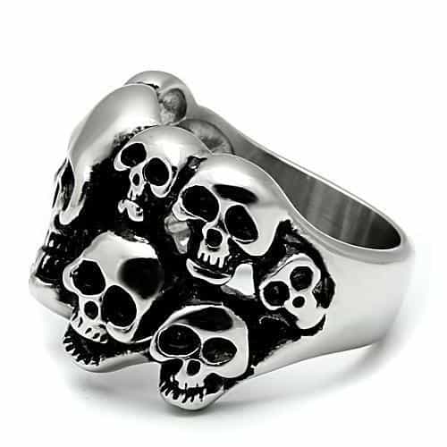 Stainless Steel Silver Triple Skull Cluster Biker Wide Band Ring view 6