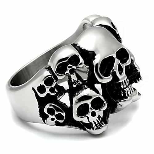 Stainless Steel Silver Triple Skull Cluster Biker Wide Band Ring view 8