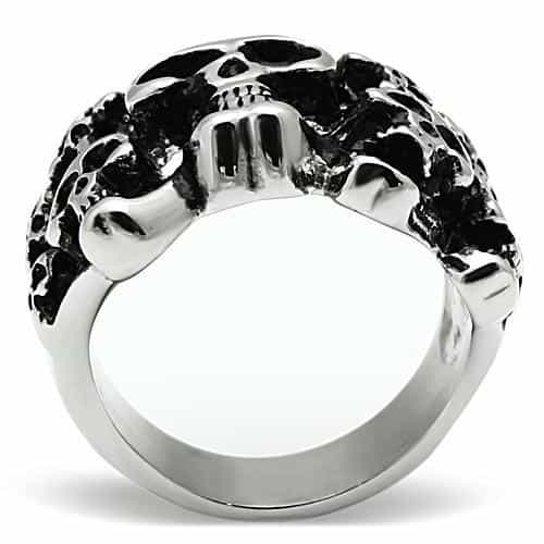 Stainless Steel Silver Triple Skull Cluster Biker Wide Band Ring view 10