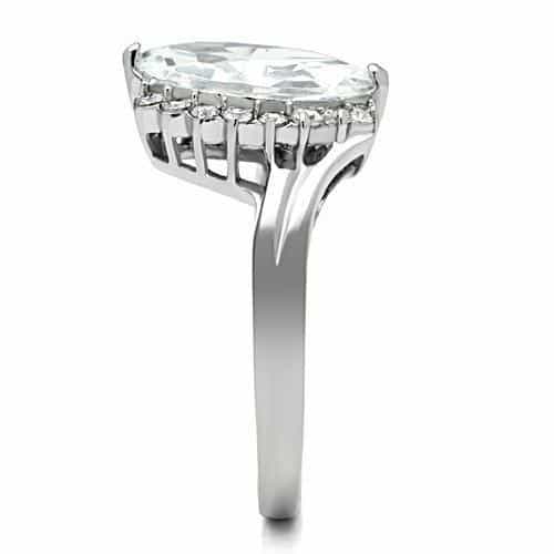 Stainless Steel Silver CZ Marquise Leaf Bypass Solitaire Ring view 8