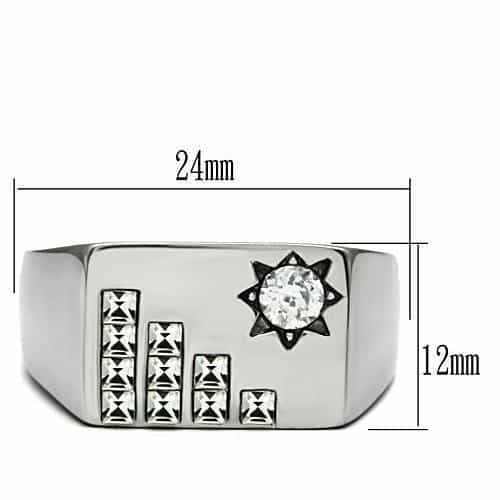 Stainless Steel Silver CZ Star Sun Rectangle Mens Signet Ring view 4