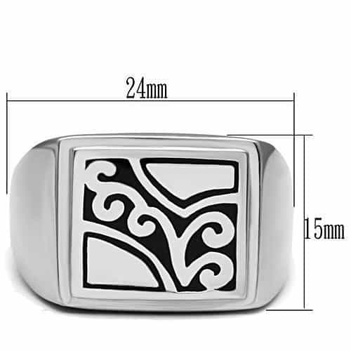 Stainless Steel Black Enamel Scroll Carved Square Mens Signet view 4