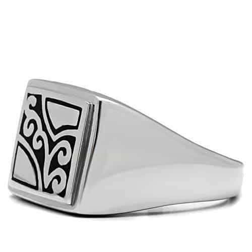 Stainless Steel Black Enamel Scroll Carved Square Mens Signet view 8