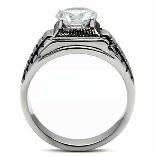 Stainless Steel Silver CZ Round Ribbed Square Mens Signet Pendant view 6