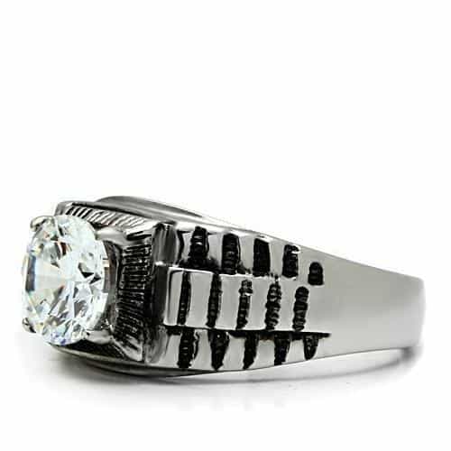 Stainless Steel Silver CZ Round Ribbed Square Mens Signet Pendant view 8