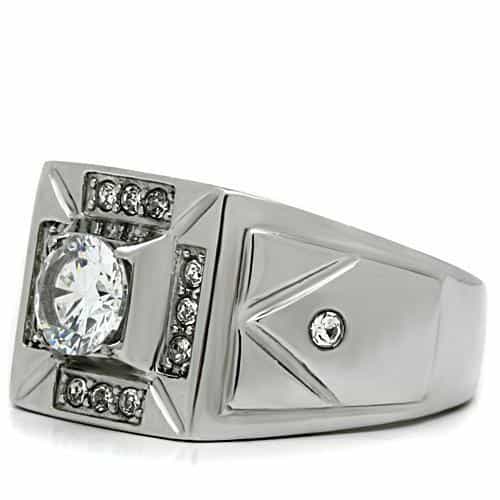 Stainless Steel CZ Round Square Halo Chevron Mens Signet Ring view 8