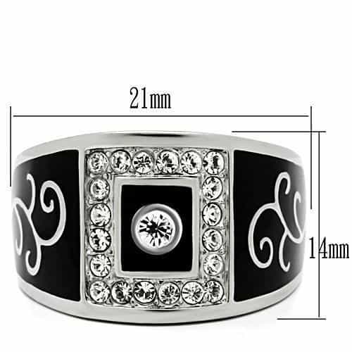 Stainless Steel Silver Black Enamel CZ Scroll Pattern Wide Ring view 4
