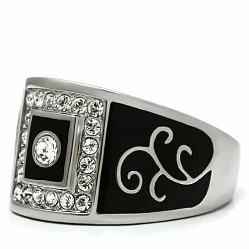 Stainless Steel Silver Black Enamel CZ Scroll Pattern Wide Ring view 8