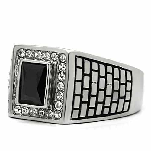 Stainless Steel Silver CZ Princess Black Crosshatch Square Ring view 8