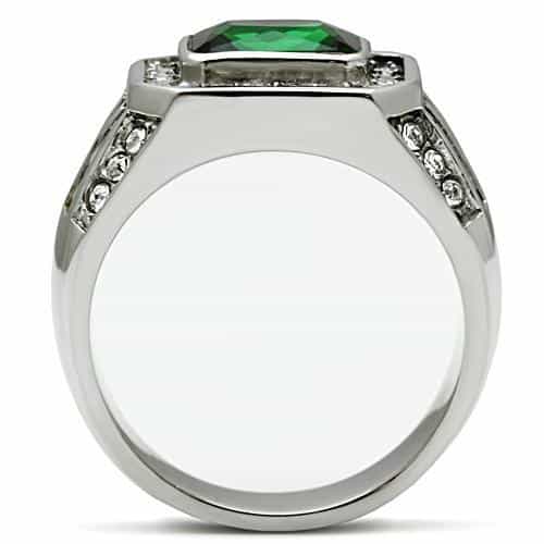 Stainless Steel Silver CZ Emerald Cut Green Halo Square Mens Ring view 6