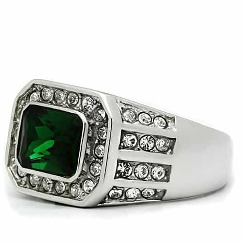 Stainless Steel Silver CZ Emerald Cut Green Halo Square Mens Ring view 8