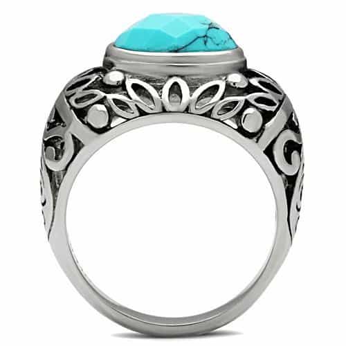 Stainless Steel Silver Turquoise Cabochon Filigree Ring view 6